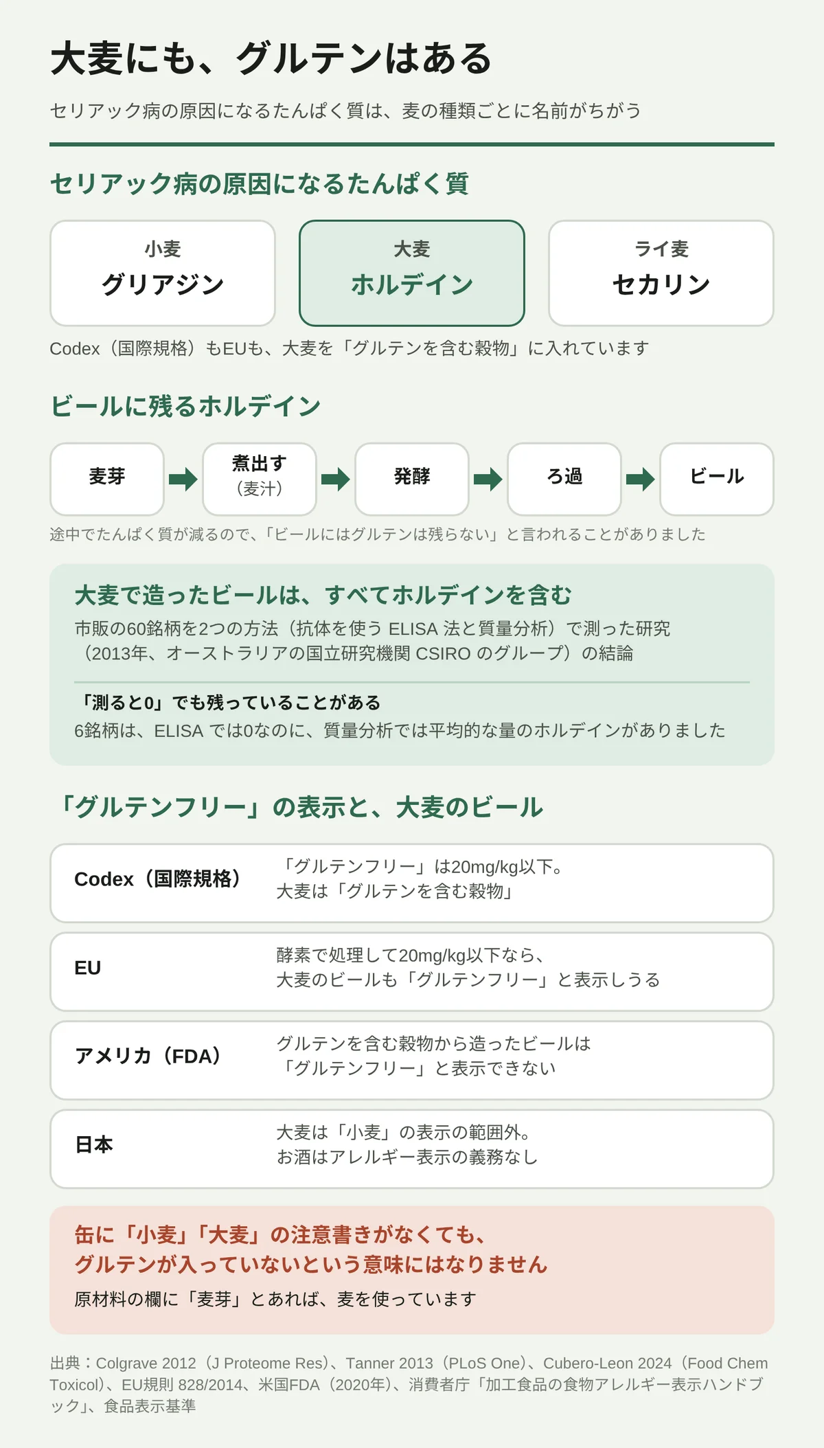 大麦のビールにもグルテンが含まれることを示す図。セリアック病の原因になるたんぱく質は麦の種類ごとに名前がちがい、小麦はグリアジン、大麦はホルデイン、ライ麦はセカリンで、CodexもEUも大麦を「グルテンを含む穀物」に入れている。ビールは麦芽を煮出して麦汁にし、発酵させ、ろ過して造る。途中でたんぱく質が減るため「グルテンは残らない」と言われることがあったが、2013年に市販の60銘柄を2つの方法で測った研究の結論は「大麦で造ったビールは、すべてホルデインを含む」だった。6銘柄は、ELISAでは0なのに質量分析では平均的な量が見つかった。「グルテンフリー」の表示は、Codexが20mg/kg以下。EUは酵素で処理して20mg/kg以下なら大麦のビールにも表示しうる。アメリカはグルテンを含む穀物から造ったビールには表示できない。日本は大麦が「小麦」の表示の範囲外で、お酒にはアレルギー表示の義務がない。缶に注意書きがなくても、グルテンが入っていないという意味にはならない。