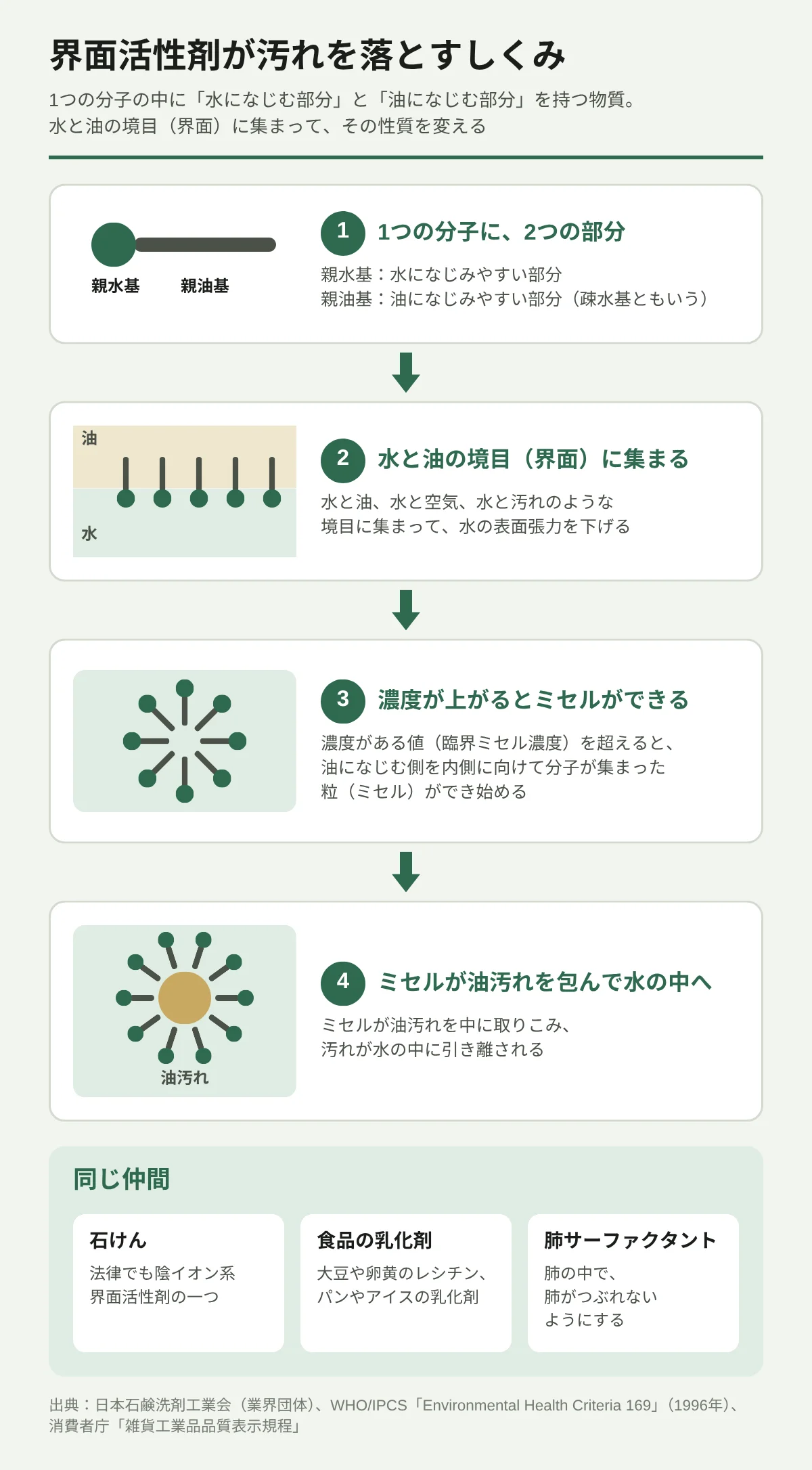 界面活性剤のしくみ。1つの分子に、水になじむ部分(親水基)と油になじむ部分(親油基)がある。水と油の境目に集まって表面張力を下げ、濃度がある値を超えるとミセルという粒をつくる。ミセルが油汚れを包んで水の中に引き離す。石けんも、食品の乳化剤も、肺の中ではたらく肺サーファクタントも、同じ仲間。